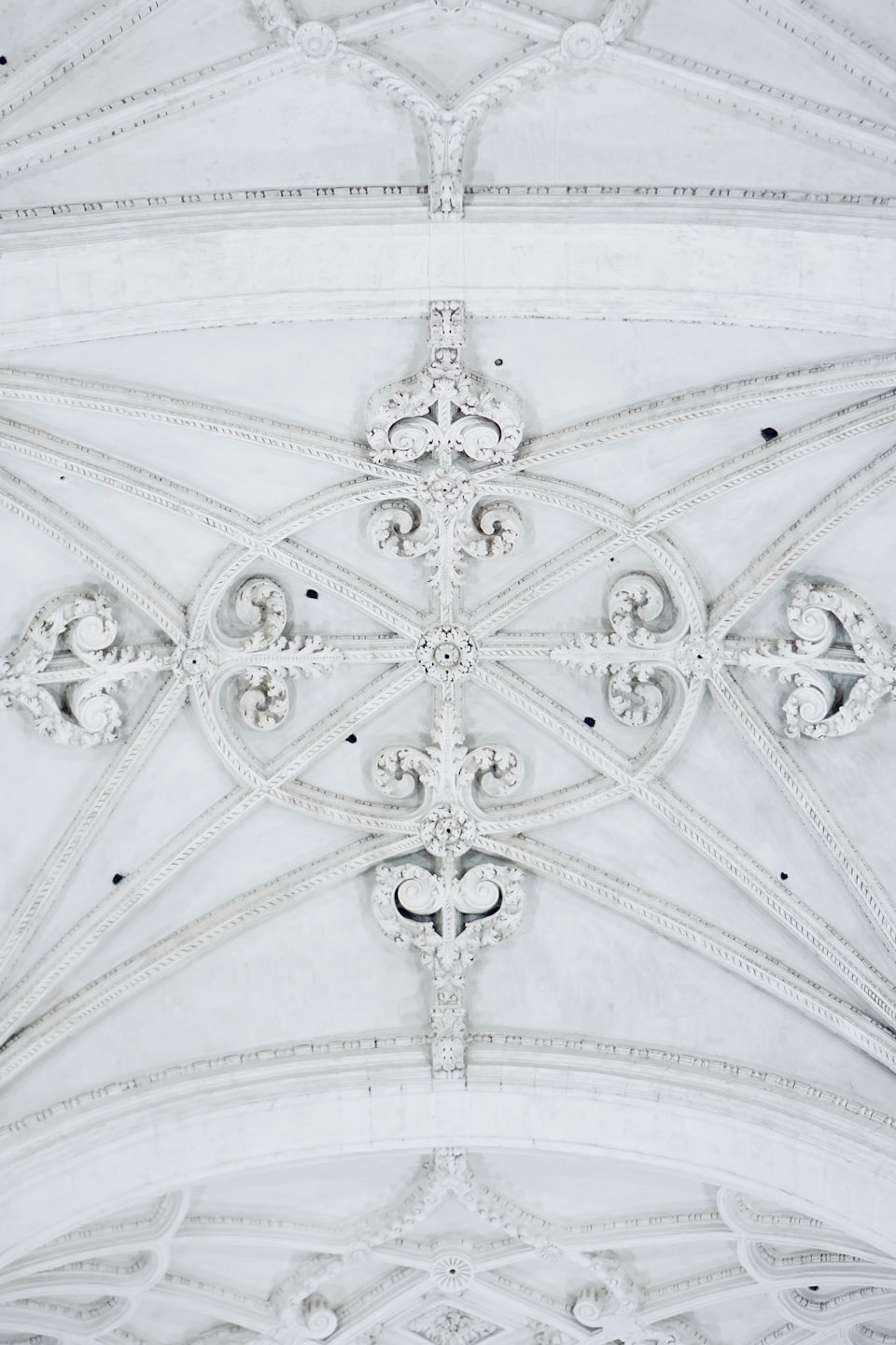 Intricati motivi in gesso bianco decorano un soffitto.