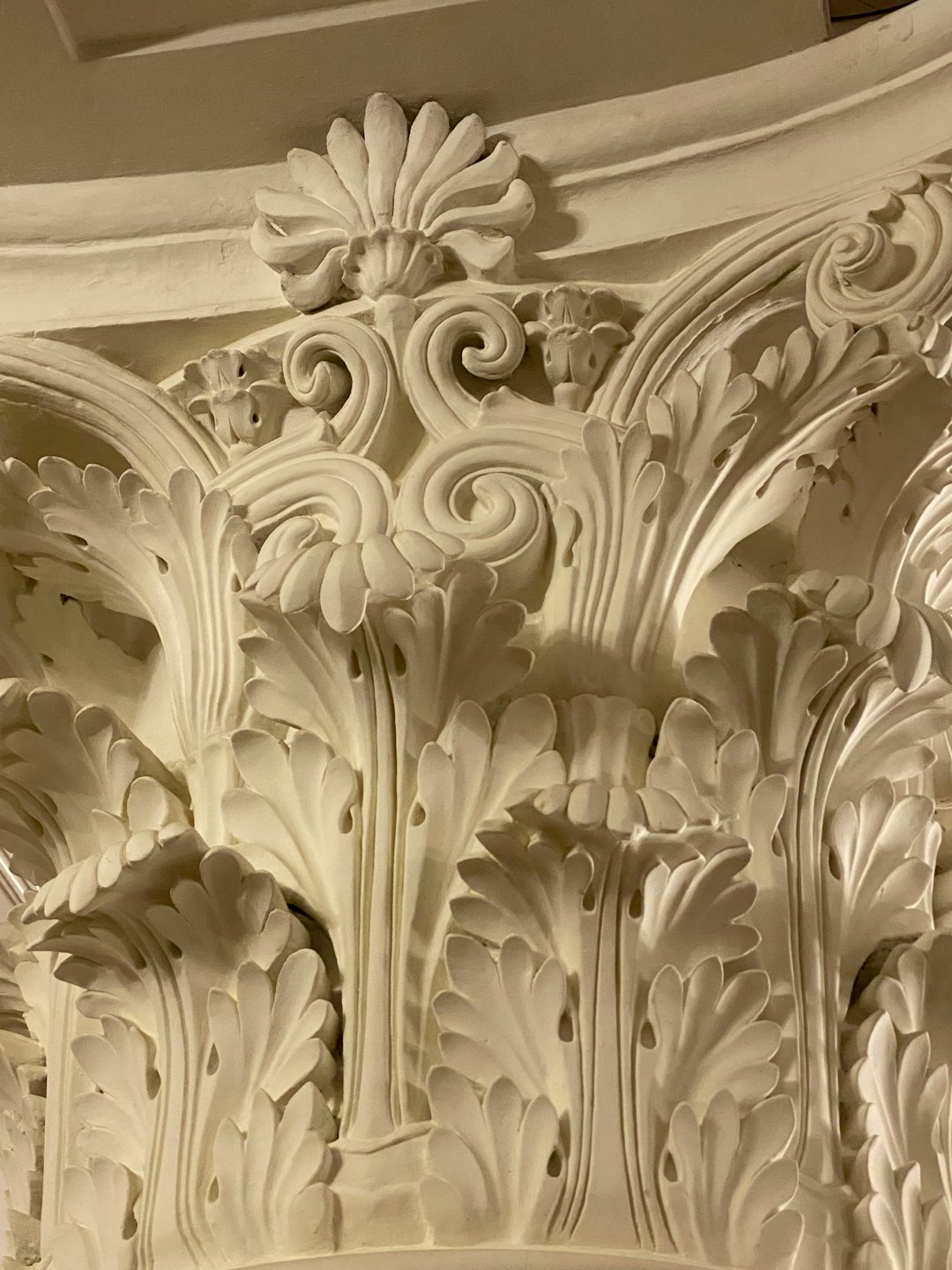 Capitello in gesso bianco finemente lavorato con foglie d'acanto intagliate.